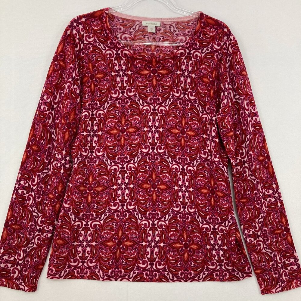 Garnet Hill Red and Pink Patterned Crew Neck Sweater